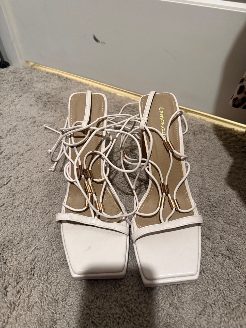 Lemon White Lace-Up Square-Toe Heeled Sandals with Gold Accents